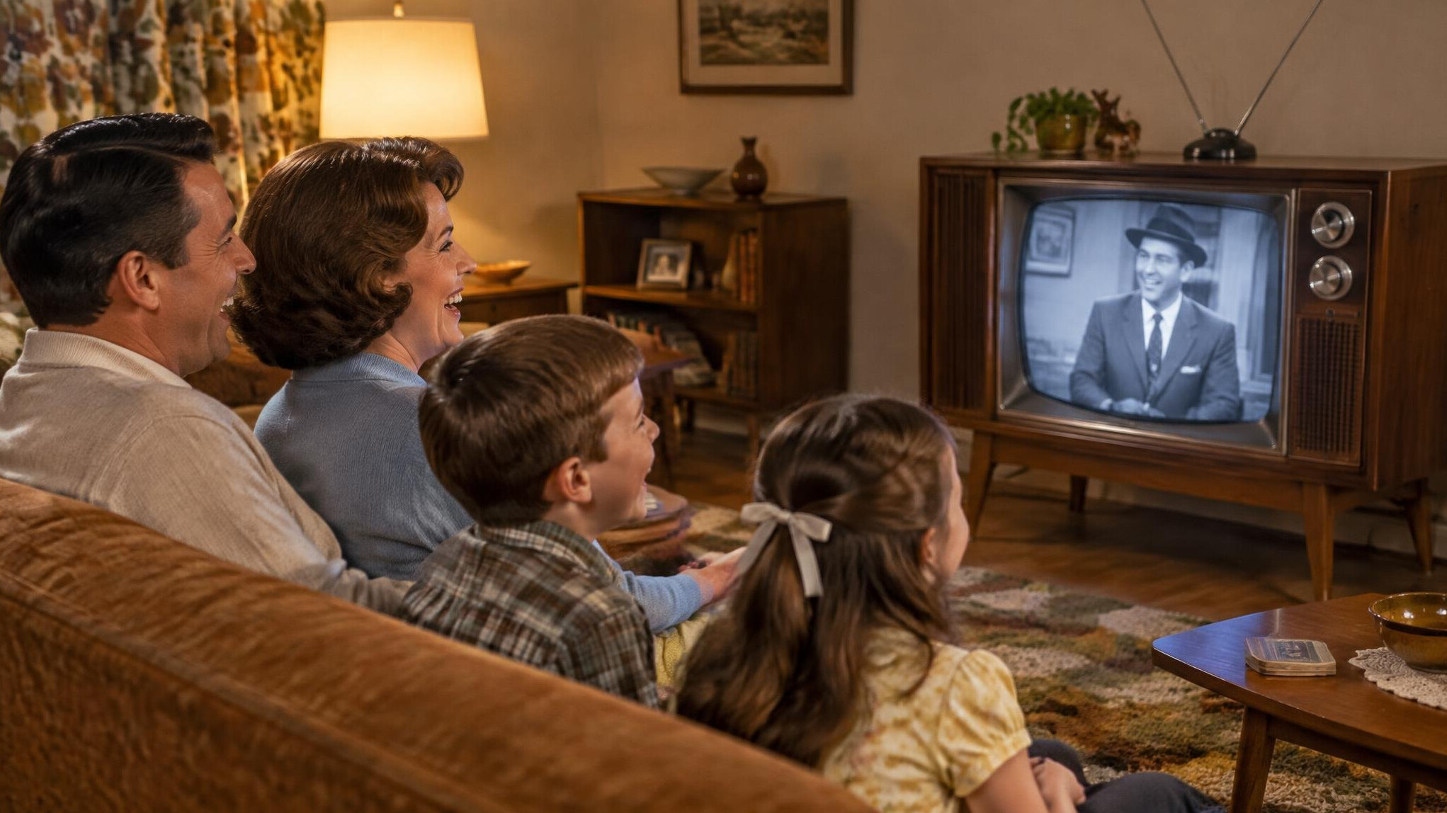 family watching vintage television