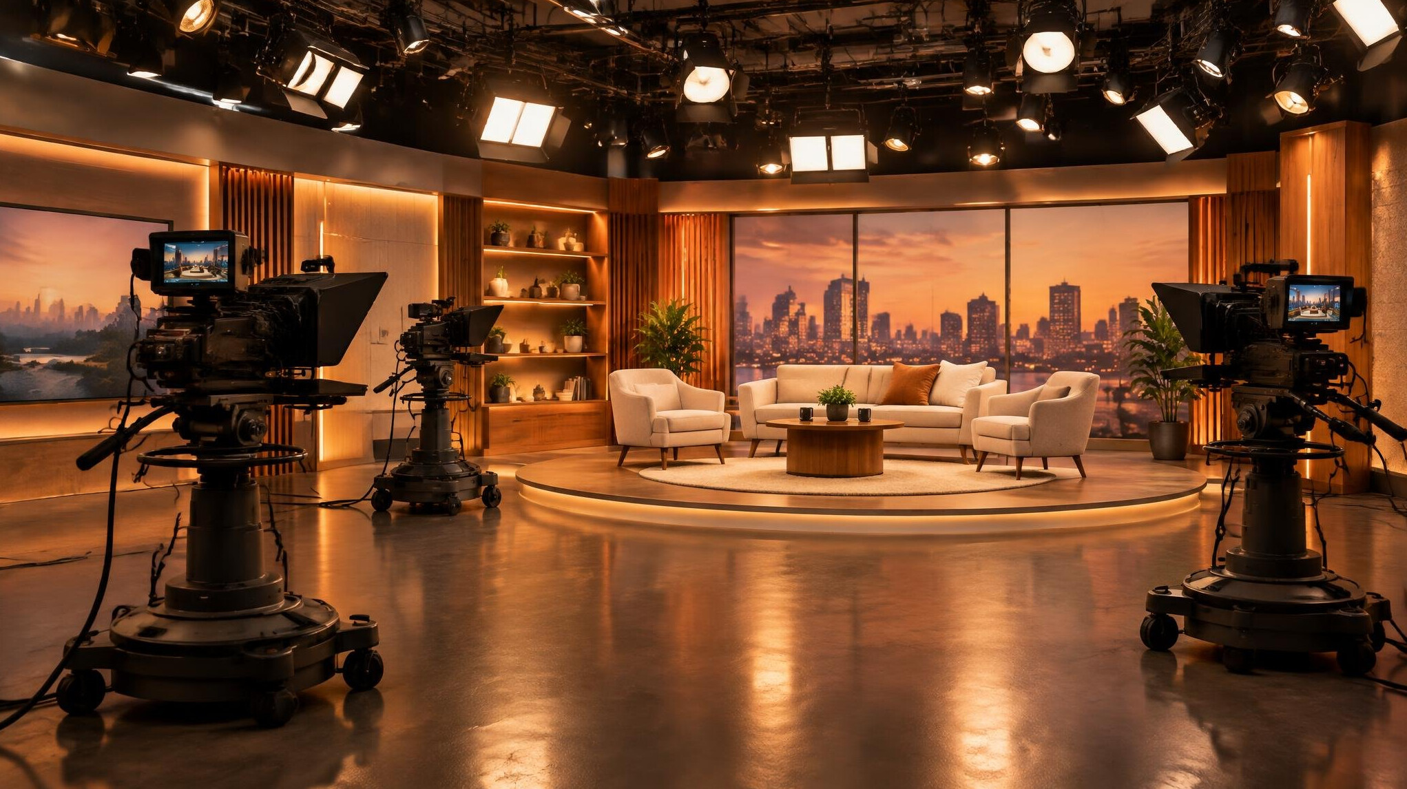 Television studio with multiple cameras set up around a stage