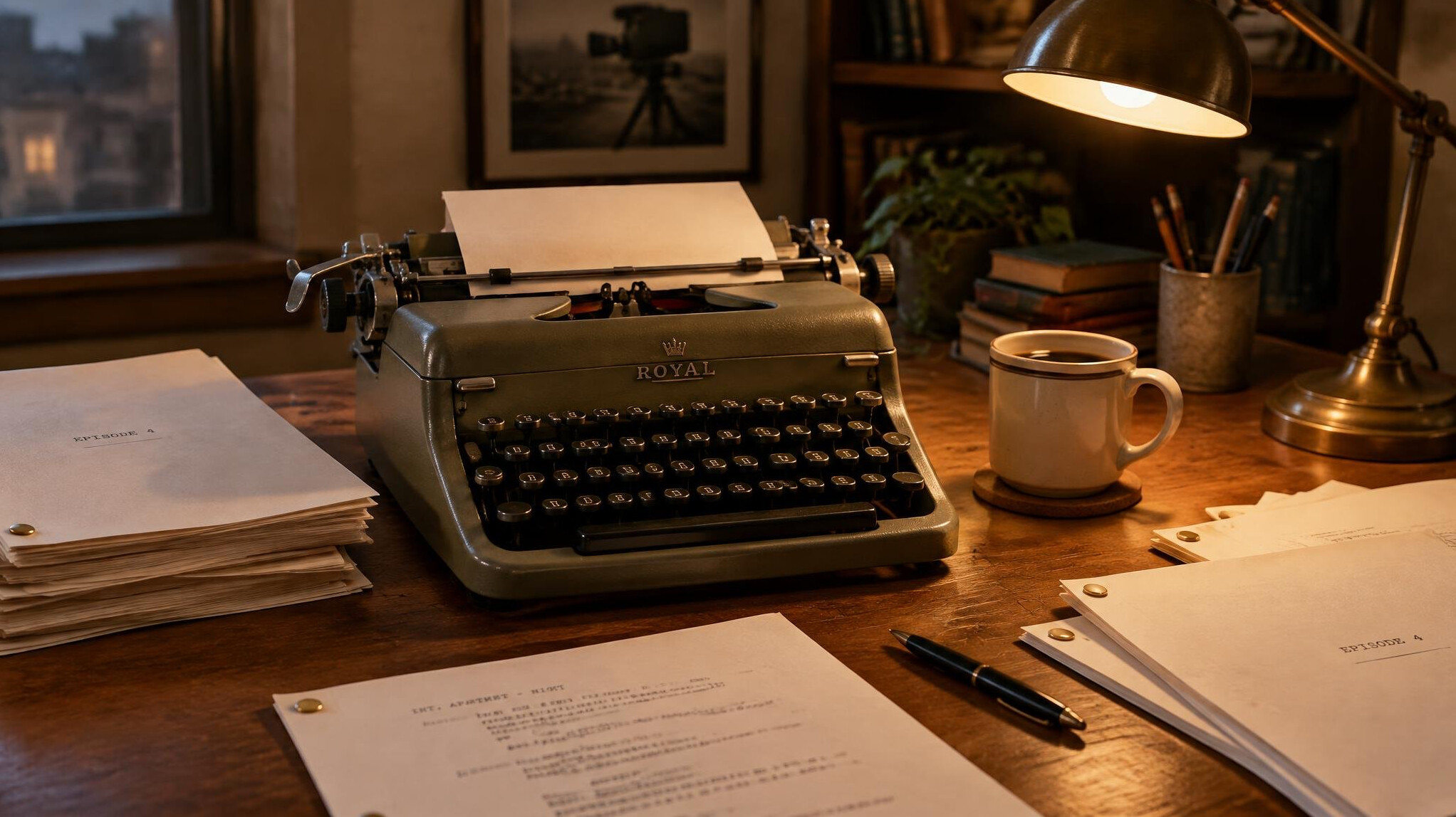 Typewriter with television script pages on a wooden desk