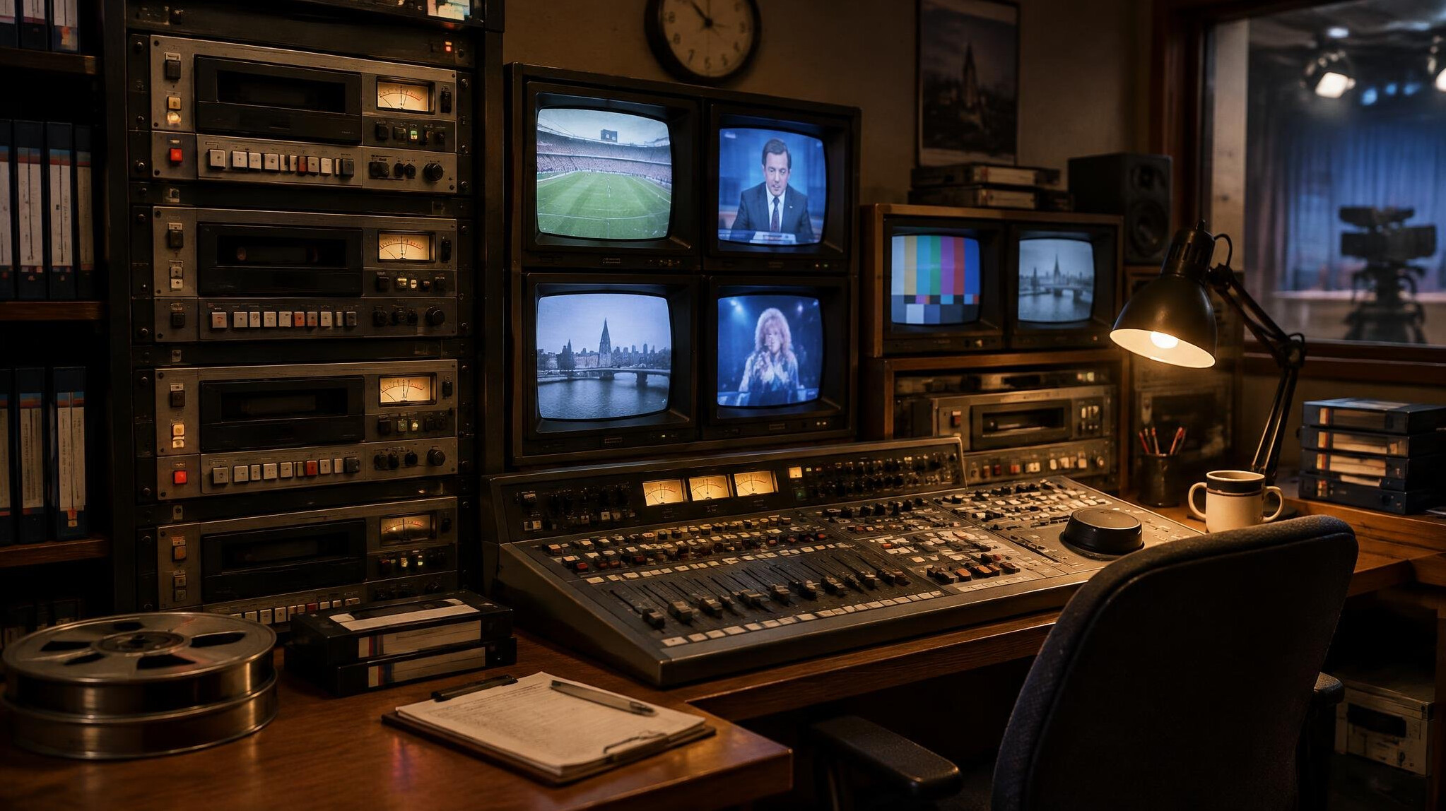 Vintage video editing desk with tape decks and monitors